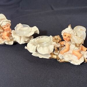 Fairy Figurines 2 Tea Light Candle Holders White w Gold Glitter Laying Flower